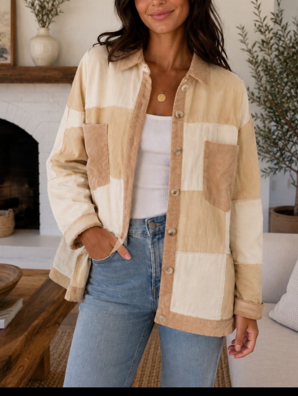 Polagram Patchwork Jean Jacket in Cream and Tan